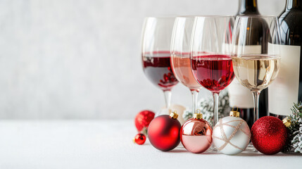 Obraz premium Festive arrangement of red, white, and rose wine glasses with Christmas ornaments on a white surface