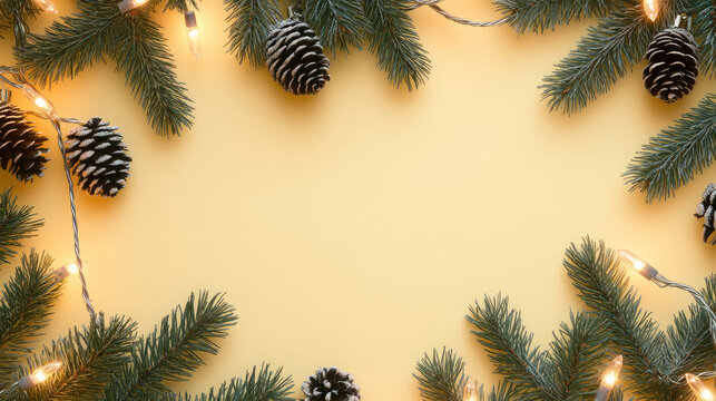 photo of silver christmas string lights with tree branches and pine cones isolated on solid yellow background