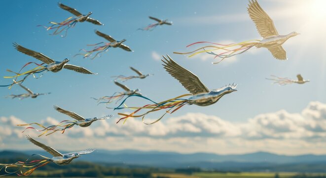 Flock of metallic birds with colorful ribbons soars across a bright, sunny sky above a distant landscape