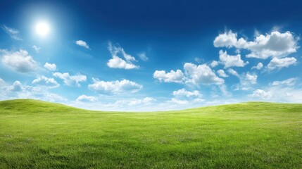 Fototapeta premium Serene Landscape with Lush Green Grass Under a Bright Blue Sky Filled with Soft White Clouds and Glowing Sunlight for Peaceful Nature Scenes