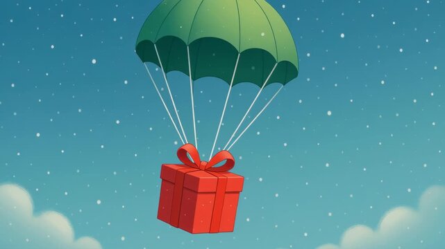 Delivery christmas gifts. Colorful red gift box descends from sky on green parachute, surrounded by fluffy clouds and snowflakes in winter wonderland