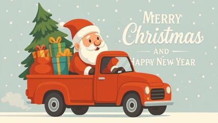 Delivery christmas gifts. Cheerful Santa Claus Red Truck with Christmas Tree and Gifts Spreading Holiday Joy This Merry Christmas and Happy New Year - Powered by Adobe
