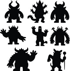 Monster silhouette puzzle, cartoon creatures, missing piece concept, black and white vector, visual reasoning, fantasy icons, character design, grid layout, fun
