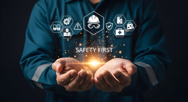 Worker holds glowing safety icons, promoting workplace protection and compliance.