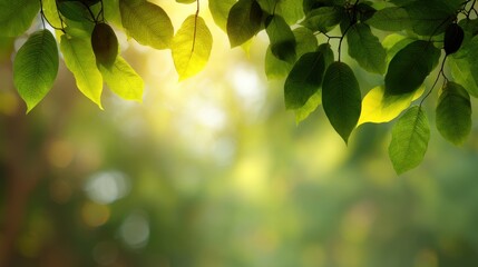 Lush Green Leaves with Sunlight Filtering Through a Forest Canopy Creating a Tranquil and Serene Nature Background