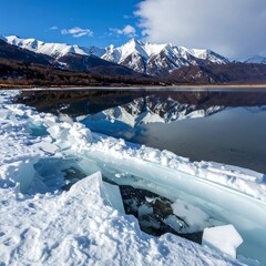 Obraz premium A serene landscape, showcasing a partly frozen lake reflecting snow-capped mountains under a bright, clear sky