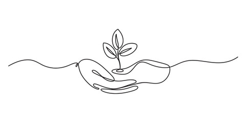 Continuous one line drawing of hands holding a small plant sprout, symbolizing nature, growth, care, environment, new beginnings, and life sustainability Vector