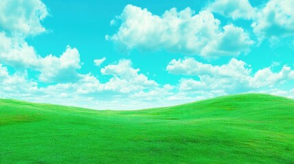 Obraz premium Serenity of Rolling Green Hills Under a Beautiful Bright Blue Sky with Fluffy White Clouds