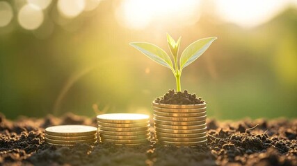 Young green plant growing from stacked gold coins in sunlight symbolizing financial growth investment sustainability and economic success concept - Powered by Adobe