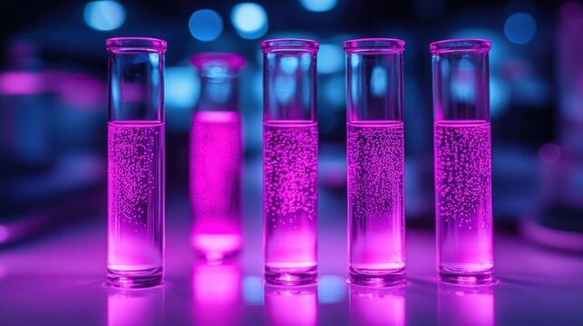 Four test tubes filled with vibrant pink liquid, glowing under vibrant blue and purple lights