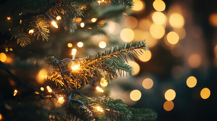 Close up of christmas tree with lights, blurred background, copy space concept, bokeh effect, winter time, light warm tone color grading, depth of field