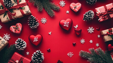 Festive red background with heart-shaped decorations, pinecones, snowflakes, and gift boxes for christmas or valentine's day celebrations