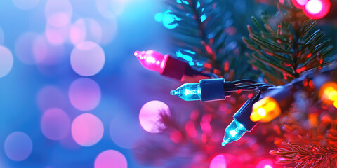 Closeup of colorful Christmas lights on tree, pink blue bokeh background, wide banner, copyspace