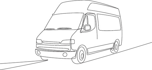 Continuous line drawing of a cargo delivery van on a white background, representing transport, logistics, moving services, and travel. Vector © Creative_Oneline