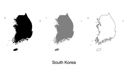 South Korea map set. South Korea map vector. South Korea map on silhouette, gray, and outline