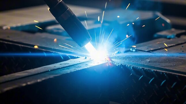 Industrial welding process in action showcasing sparks and intense heat, highlighting precision and craftsmanship in manufacturing and metalworking