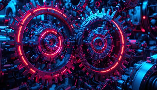 Futuristic machine gears glow with neon light, perfect for illustrating cutting-edge technology or innovative industrial processes in a digital age