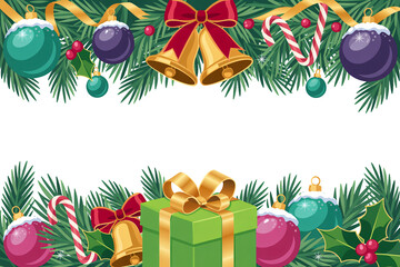 Festive Christmas border with ornaments, bells, holly, candy canes, and a gift box ready for holiday celebrations and winter greetings