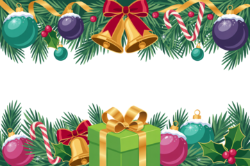Festive Christmas border with ornaments, bells, holly, candy canes, and a gift box ready for holiday celebrations and winter greetings
