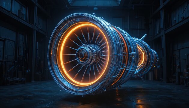 Futuristic jet engine glows with power in the factory, a symbol of innovation and engineering excellence for aerospace and propulsion advancements