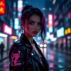 Futuristic Woman in Black Leather Jacket with Neon Pink Circuit Design in Cyberpunk City