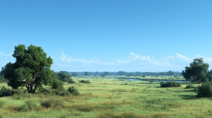 Obraz premium Serene Landscape of Lush Green Meadow Under Blue Sky with Wispy Clouds and Calm River Flowing Through the Nature Scene