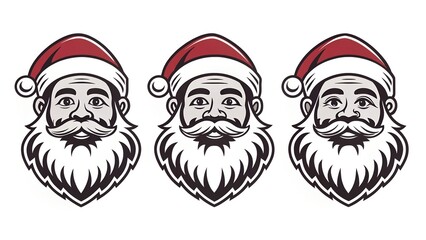 Three smiling Santa Clauses in classic red hats with white pom-poms are depicted in the same style.