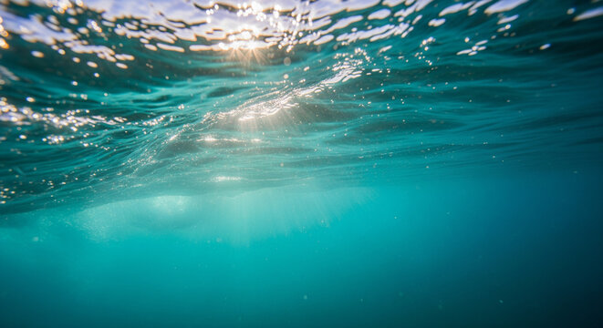 Underwater view of sunlight filtering through ocean waves, creating a serene atmosphere