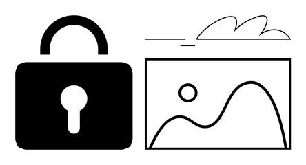 Padlock representing security alongside a framed image with a landscape, symbolizing protected digital assets. Ideal for privacy, data protection, copyright, cybersecurity, secure storage