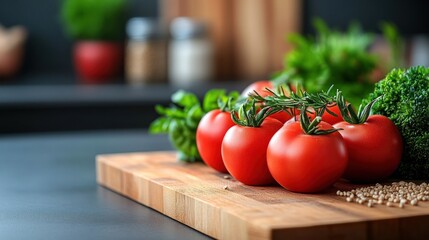 Fresh tomatoes, herbs, and broccoli on a wooden board
