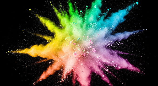 vibrant explosion of colorful powder against a black background