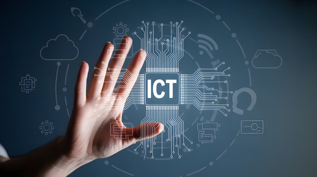 Hand touching ICT concept on a digital screen with network connections.