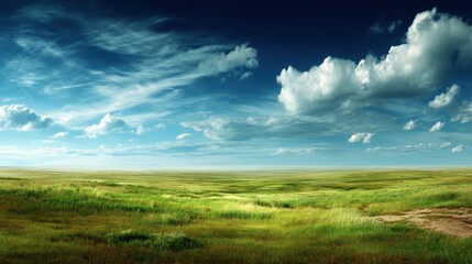 Vast Open Fields Under a Blue Sky with Fluffy Clouds and Lush Green Grass in a Serene Landscape Capturing Nature's Beauty and Tranquility