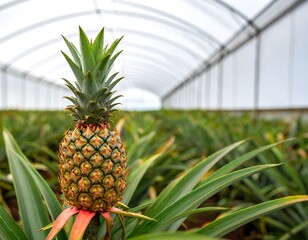 Close-up of a fresh pineapple in a greenhouse with rows of pineapple plants