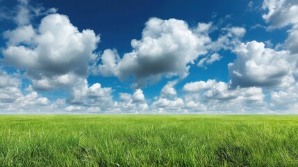 Fototapeta premium Lush Green Grass Field Under Bright Blue Sky Surrounded by Fluffy White Clouds in a Peaceful Natural Landscape During Clear Daylight