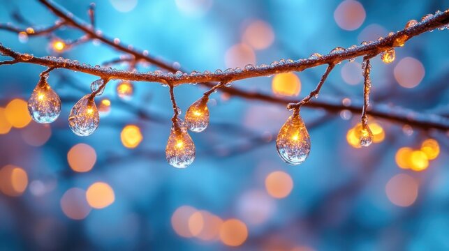 Frozen water droplets, warm lights, winter branches