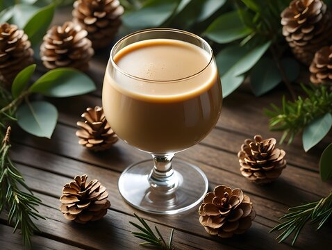 Festive drink with pine cones and greenery on a wooden surface, christmas vibe