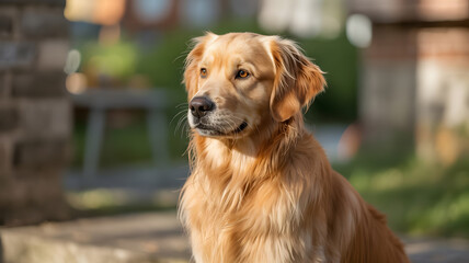 Golden Retriever Dog Sitting Outdoors in Sunlight.