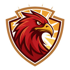 Obraz premium Sun Falcon Guardian Mascot Logo Vector, Flat Esport Crest Design with Solid Red‑Gold Fills and Bold Outlines, Transparent Background