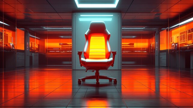 Futuristic chair in a glowing server room