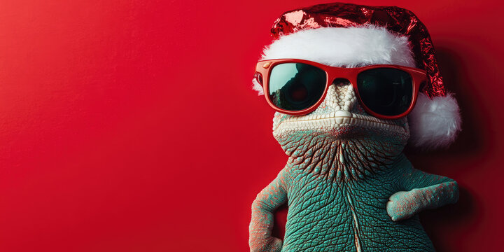 Merry Christmas concept holiday vacation winter animal pet greeting card with text - Cool santa claus chameleon with sunglasses and santa hat, isolated on red background