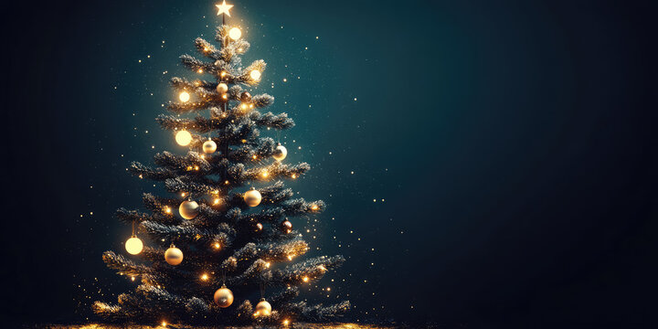 A minimalist Christmas tree design glowing with lights and ornaments for a holiday greeting card