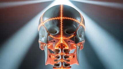 Anatomical illustration of a human skull with glowing cranial sutures
