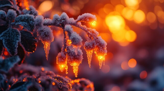 Frozen rose branch glows warmly in sunset