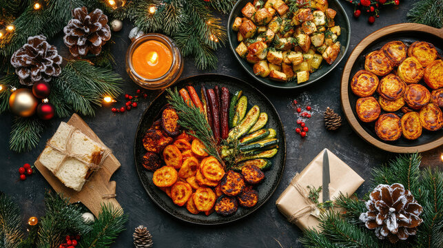 Festive vegan christmas celebration aerial culinary delight of roasted veggie feast