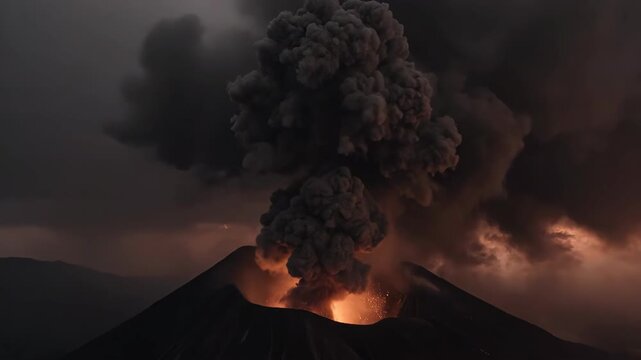 Exploding volcano with black smoke