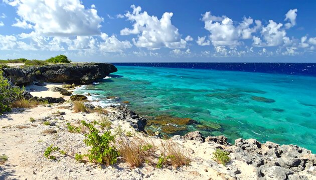 A coastal scene featuring a rocky shore, clear turquoise waters, and a brilliant blue sky dotted with fluffy white clouds