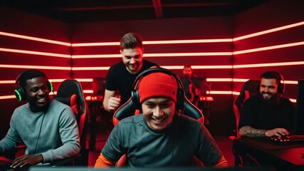 Excited gamers celebrating a victory while playing online video games in a dimly lit room with red neon lights