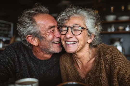 Elderly couple sharing joyful moment in cozy cafe, smiling and laughing together, with warm lighting and rustic decor creating an inviting atmosphere of love and companionship