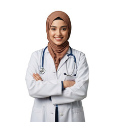 Fototapeta premium Smiling female medical professional wearing a white coat and stethoscope with arms crossed isolated on transparent background